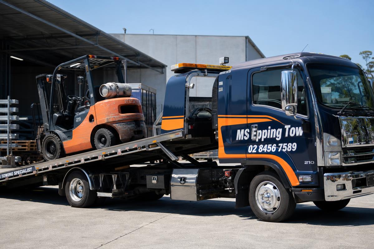 Forklift being loaded onto MS Epping Tow flatbed